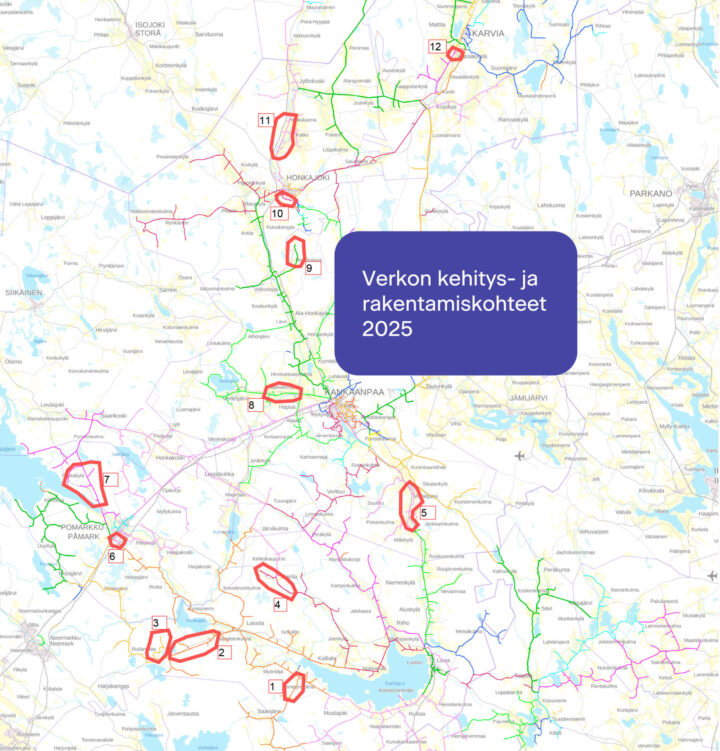 Kartta sähköverkon rakentamiskohteista 2025